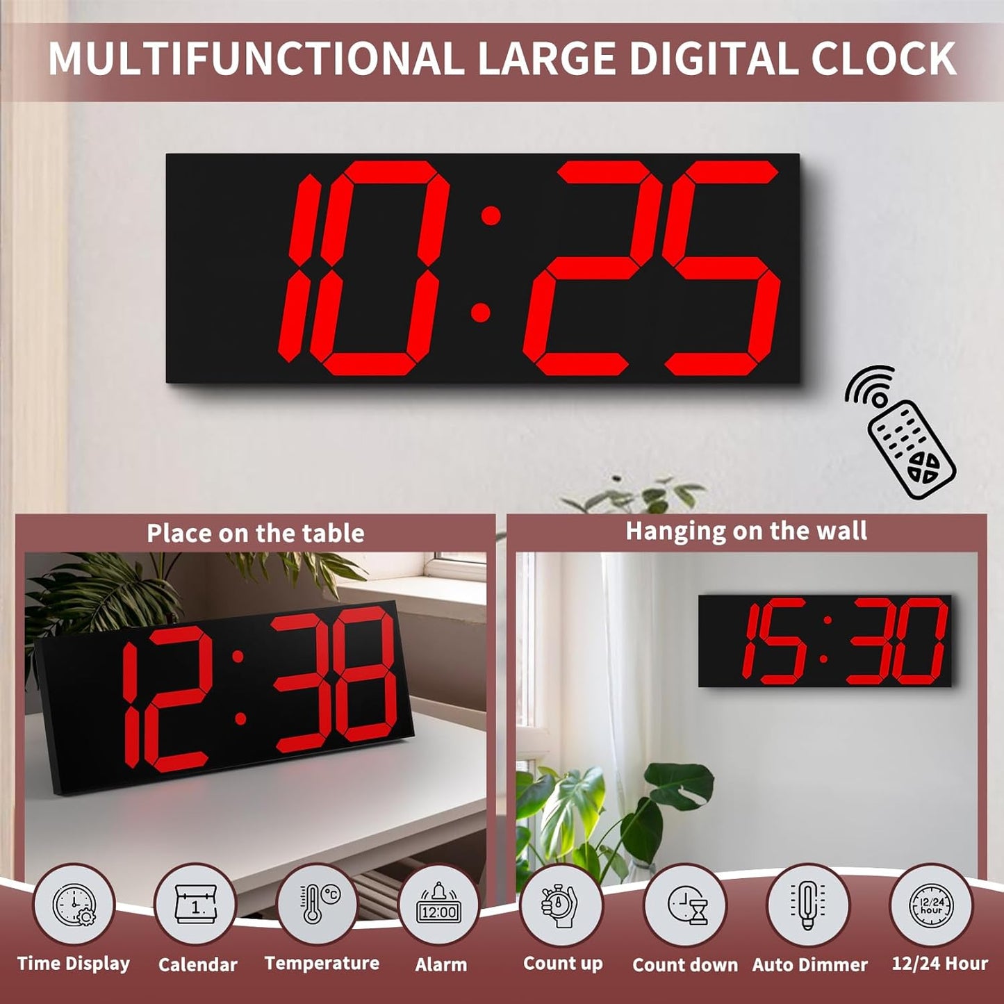 Large Digital Wall Clock,LED Digital Clock with Big Number,Multi-Function Remote Controlled Wall Clock with Timer, Alarm and Calendar Display(Red)
