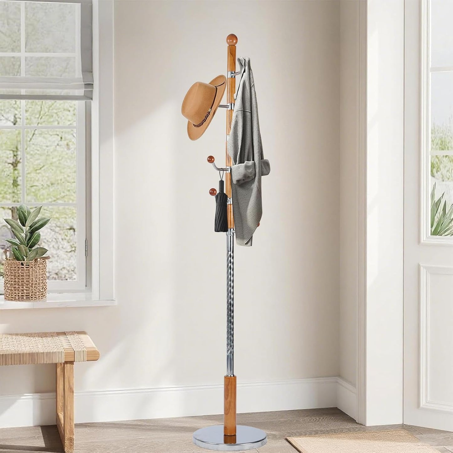Wooden Coat Rack Freestanding with Resin Hooks, Adjustable Heavy Duty Stand for Hanging Coats, Bags, Hats, and Umbrellas in Living Room, Bedroom, Entryway (Walnut color-metal)