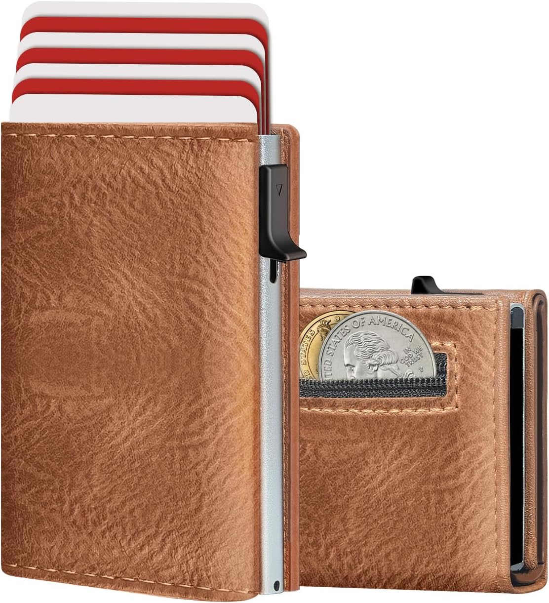 Wallet for Men with RFID Blocking, Minimalist Smart Credit Card Holder with Pop-Up Mechanism, Holds 12-14 Cards, Slim Wallet Includes Coin Pocket & Cash Slot, Genuine Leather, Gift for Men, Brown