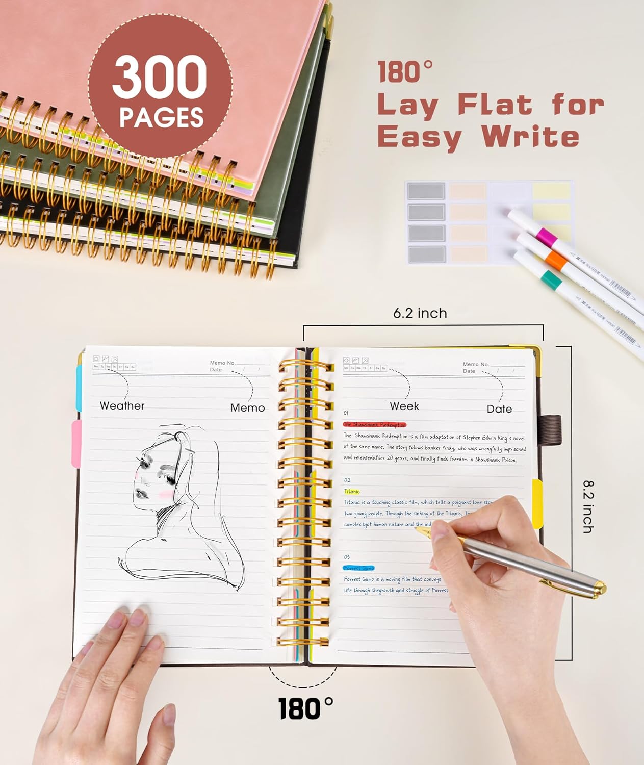 Hardcover Spiral Notebook journal with Removable Dividers Tabs, 300 Pages Leather 5 Subject Notebook College Ruled, 100GMS A5 Notebooks for Work School Note taking,Lined Journal for Women,A5 Brown