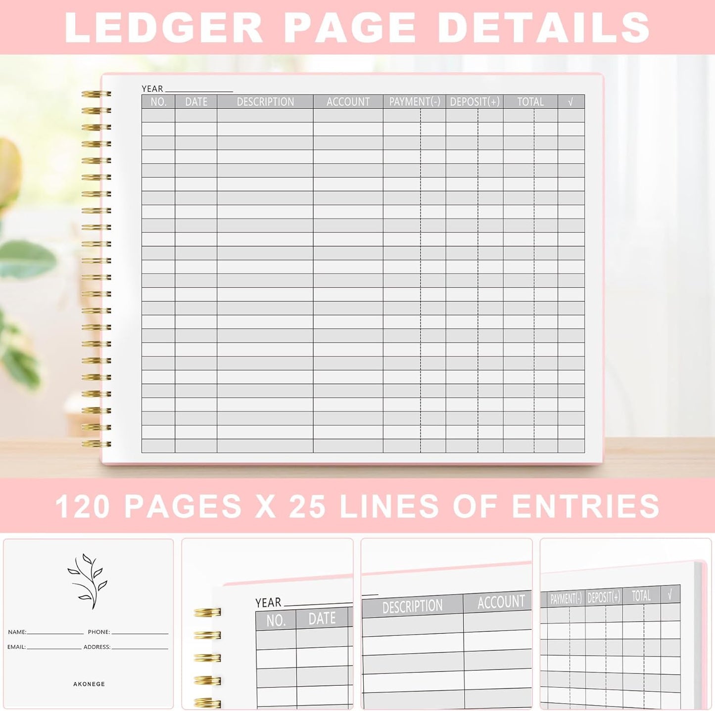 Accounting Ledger Book for Small Business Bookkeeping Personal Use, Horizontal Expense Tracker Notebook for Family Budget, Bookkeeping Record Book Money Expense Income Log Journal, Blush Pink