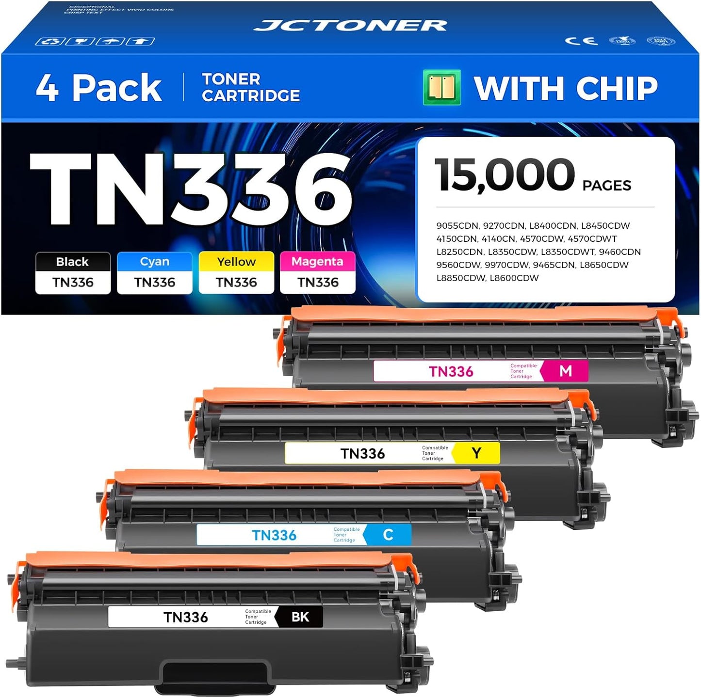 TN336 Toner Cartridge Set 4-Pack Replacement Compatible for Brother TN-336 TN331 TN315 MFC-L8850CDW HL-L8350CDW MFC-L8600CDW HL-4150CDN MFC-9970CDW DCP-L8400 L8450 HL-L8250 L8650 L8850 4570CDW Printer