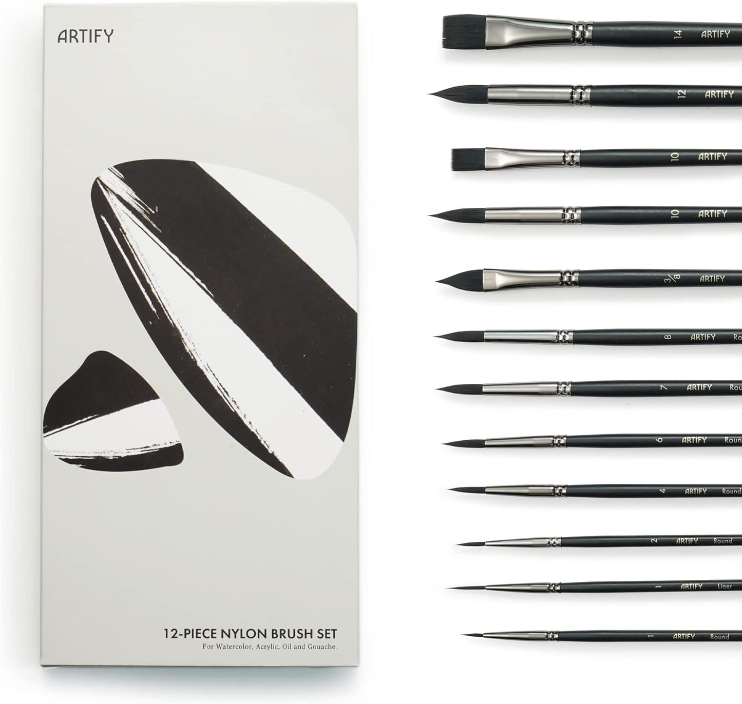 ARTIFY 12 PCS Watercolor Brushes Set, Synthetic Paint Brushes for Watercolor Painting, Acrylic, Gouache & Oil Painting - Detail Paint Brushes, Round, Flat, Cat's Tongue,Liner for Beginners & Kids