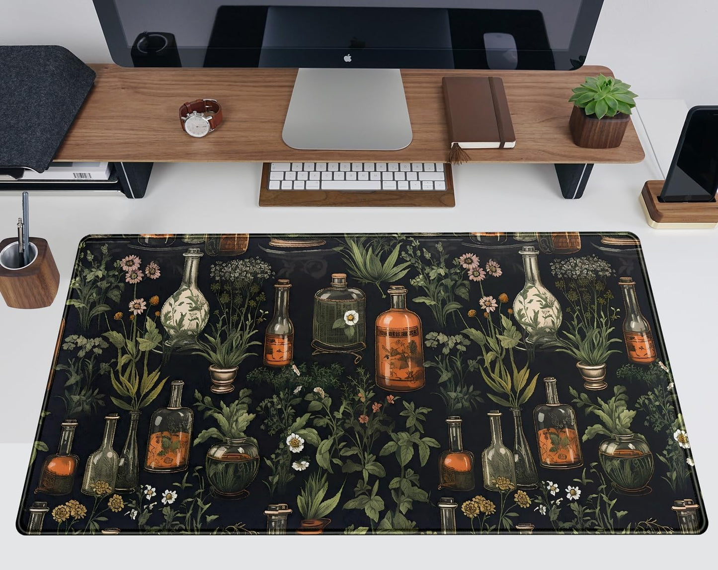 Black Aesthetics Desk Mat Mouse Pad Large Gaming Mouse Pad Desk Pad Mousepad, Mystical Green Plant Computer Laptop Keyboard and Mouse Mat, Desktop Protector Mat for Women Girl Office 31.5x15.8 in