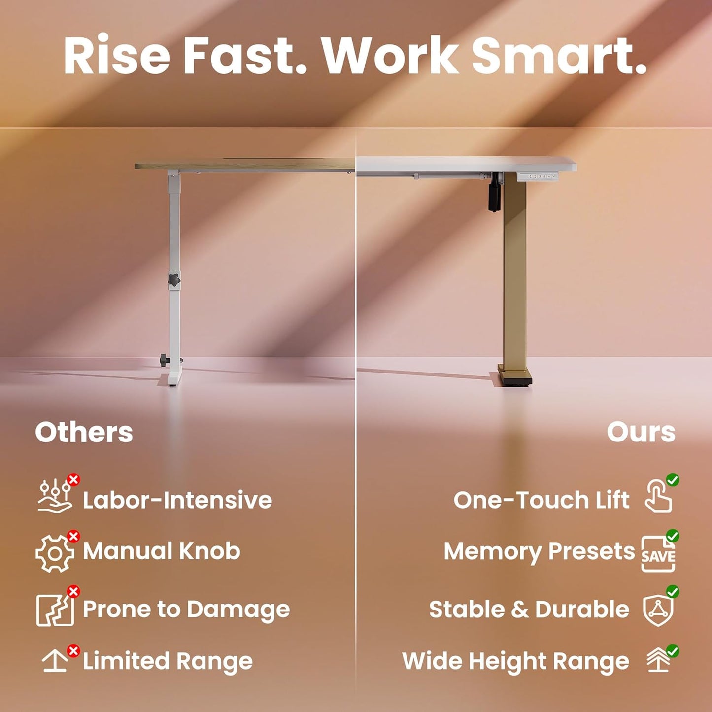 HUANUO 32" Small Electric Standing Desk Adjustable Height, 4 Memory Height Settings, Sit Stand Up Desk for Home Office & Computer Workstation, White and Gold Frame