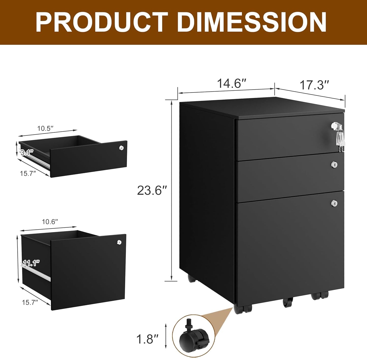 Mobile File Cabinet with 3 Locks, 3 Drawer File Cabinets for Home Office, Under Desk Metal Filing Cabinet for A4/Letter/Legal, Lockable, Fully Assembled Except Castors, Black