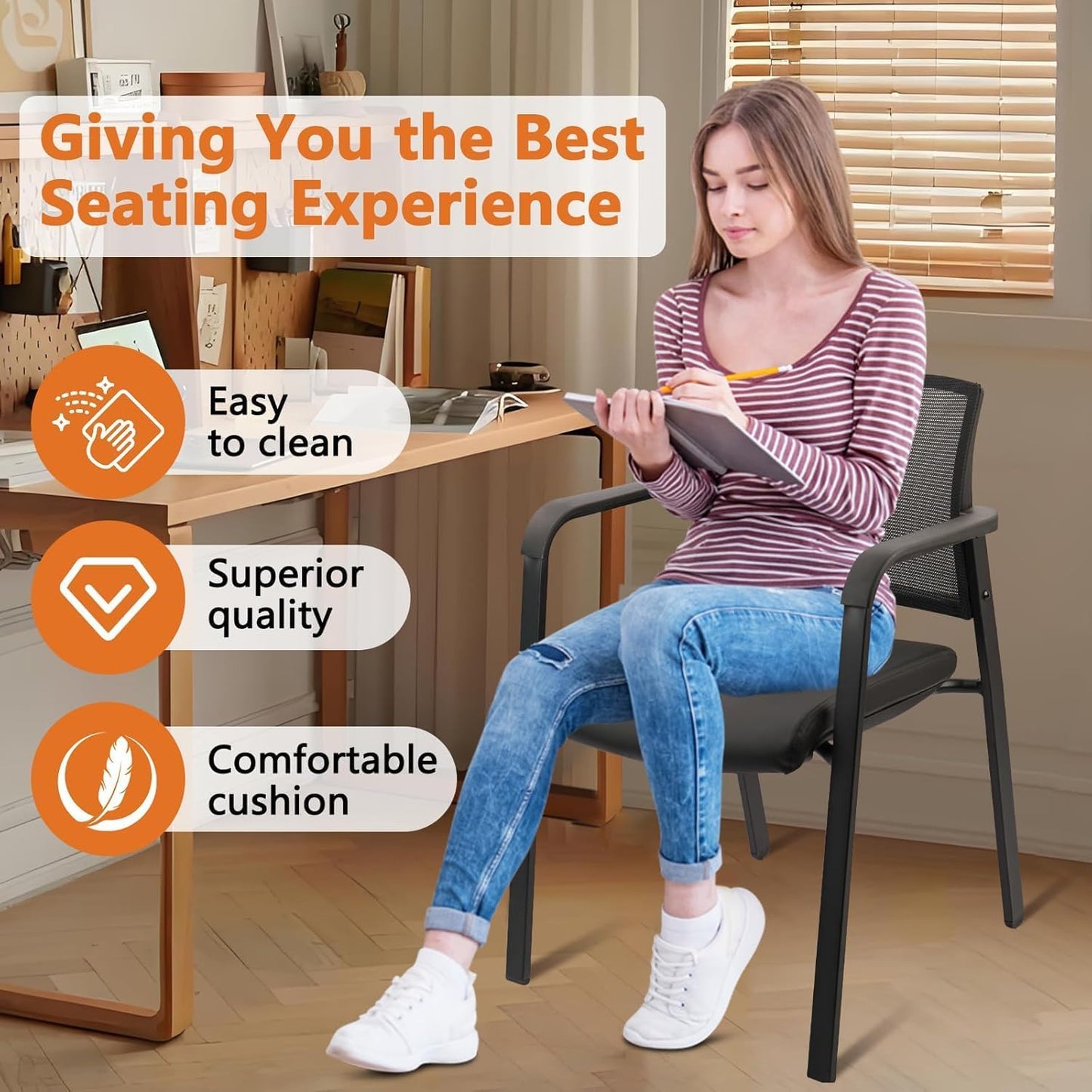 CLATINA Stackable Office Chair, Mesh Back Guest Chairs with Comfortable Leather Seat Arms Stacking Ergonomic Desk Chair No Wheels for Conference Waiting Reception School Stationary, Black, Set of 8