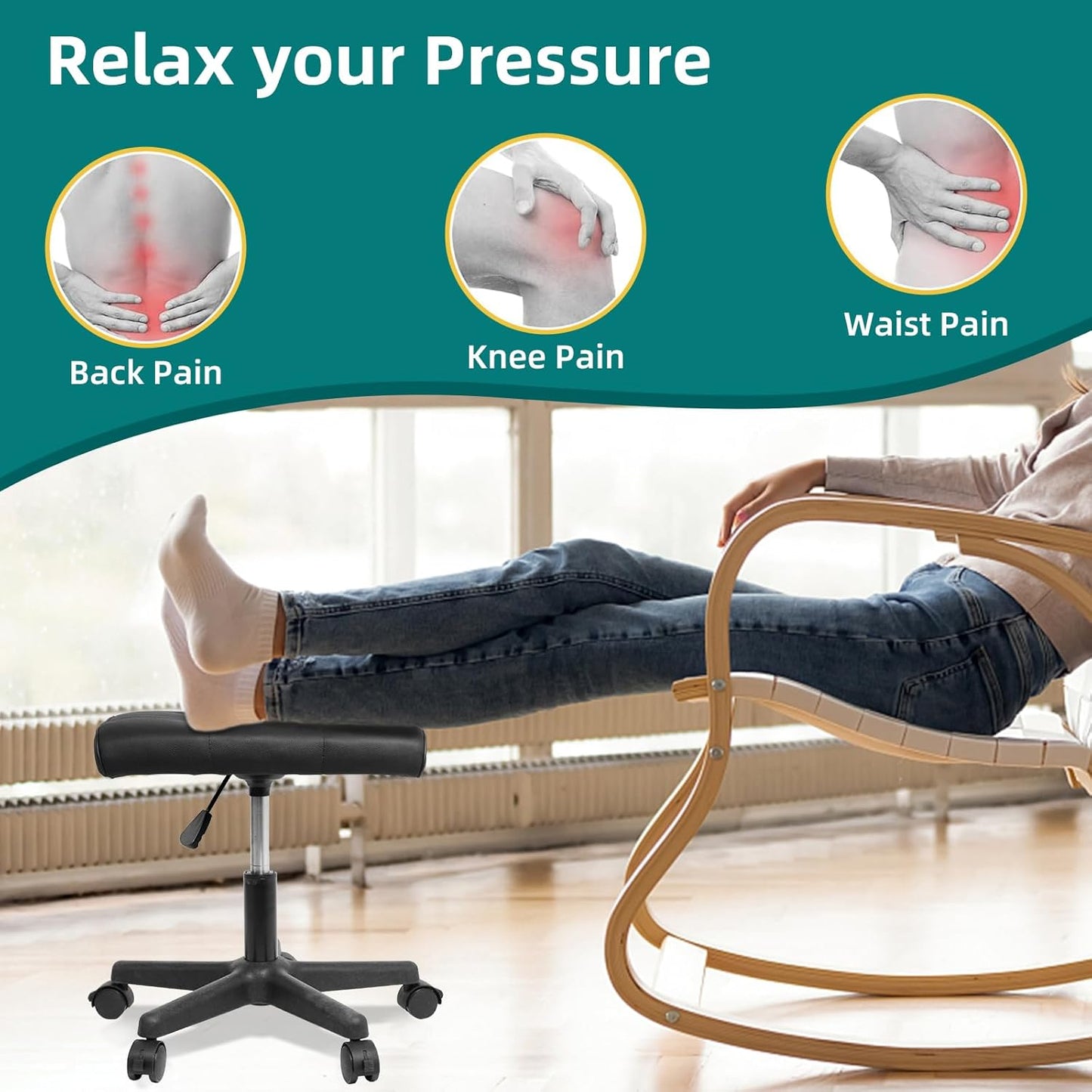 Real Leather Tall Foot Stool, Adjustable Leg Rest Ottoman Footrest with Wheels & Thick Padding, Ergonomic Footrest for Office & Gaming Chairs - Height 14.6-19.6 Inch, Lockable 360-Degree Casters