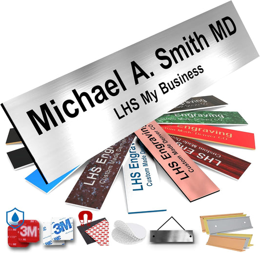 Door Name Plate Personalized for Office Brushed Steel Plastic Name Plate Black Letters - Made in USA 2x8 M1