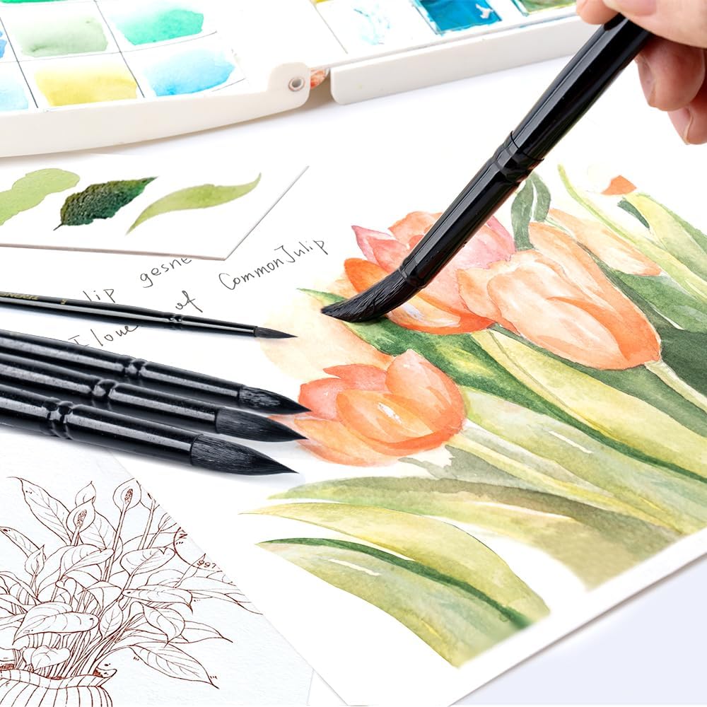 Transon 8pcs Round Watercolor Paint Brush Set Goat Hair for Watercolors,Acrylics,Inks,Gouache,Oil and Tempera Black Color