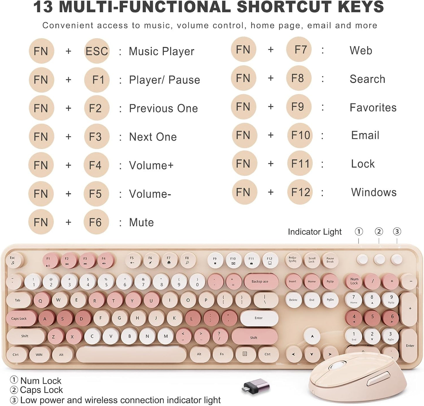 Wireless Keyboard and Mouse Combo, Ergonomic Full Size Typewriter Retro Round Keycaps Keyboard, Compatible with Windows, PC, Perfer for Home and Office Keyboards (Chocolate Color)