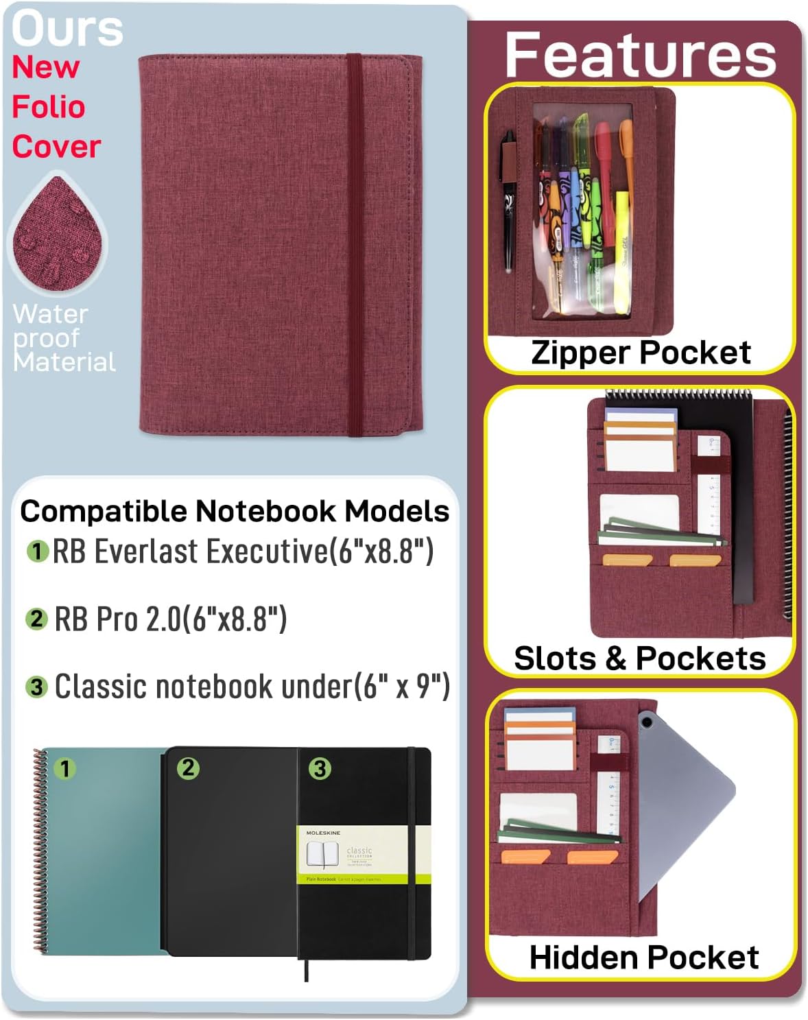 Sturdy Planner Cover for Rocketbook Smart Notebook - Water-Resistant Fabric Padfolio, Business Padfolio with Zipper Pen Pocket, Fits Executive Size A5, Rocketbook Accessories (Fuchsia)