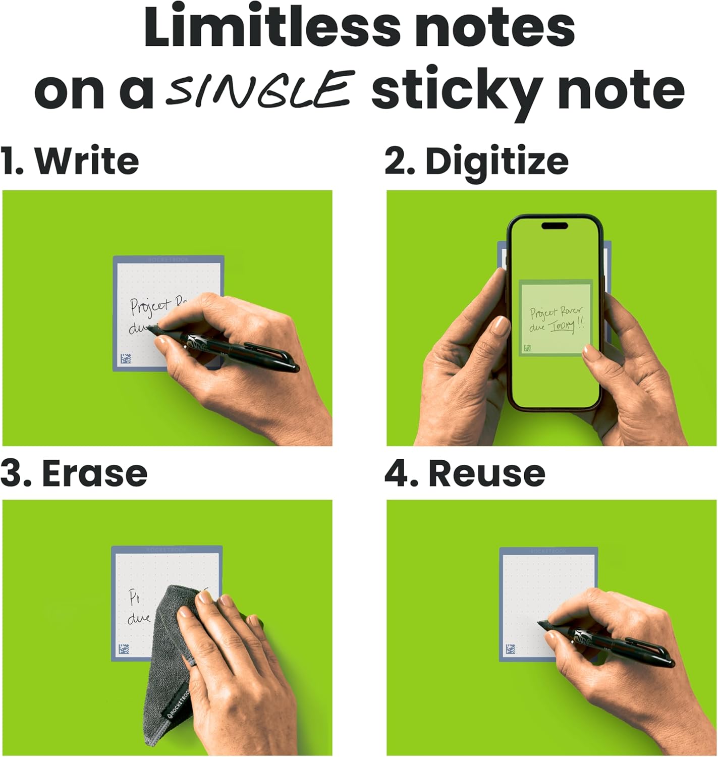 Rocketbook Reusable Sticky Notes with Storage Case, Pen, and Towel Included, 3"x3", 31 Sheets - Dotted Paper, App-Connected, Erasable, Reusable Adhesive, Ideal for to Do Lists and Reminders