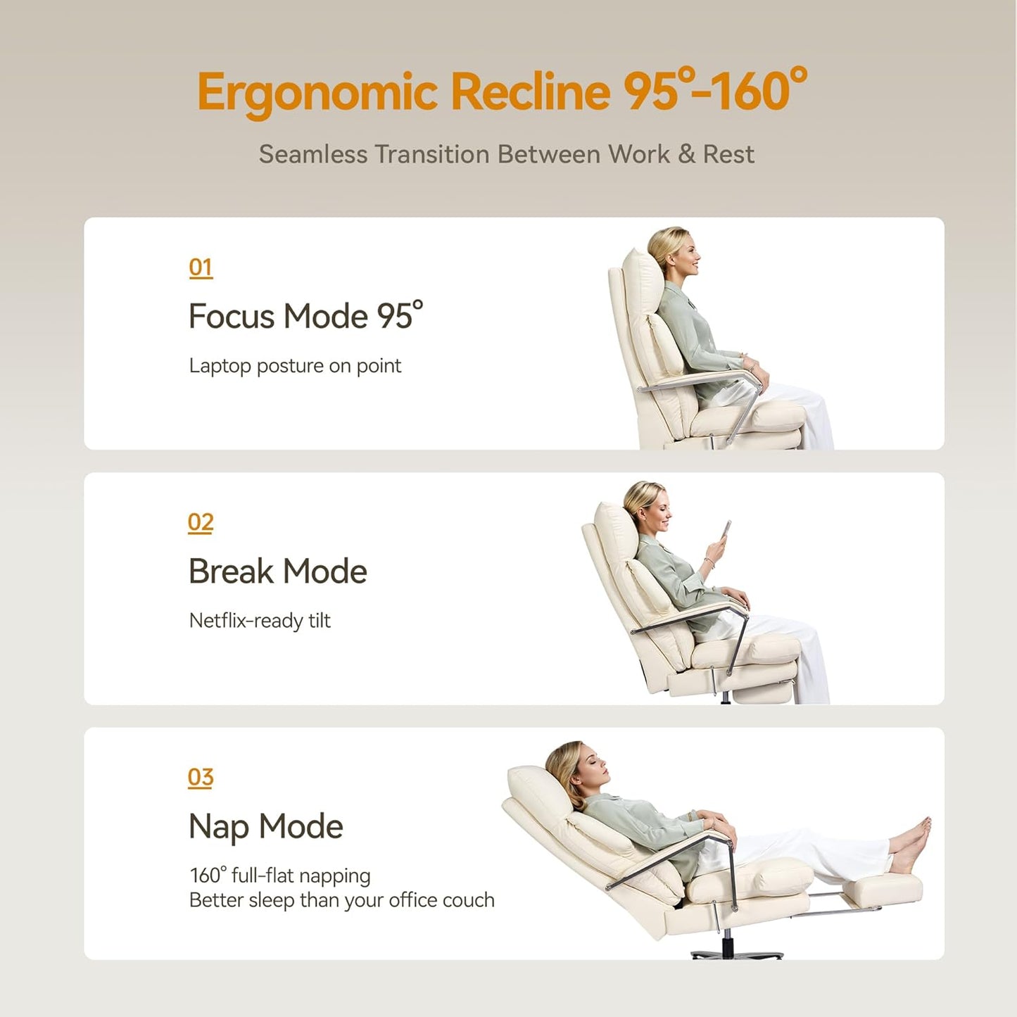 Reclining Office Chair with Footrest - 25.6" Wide Seat & Adjustable Seat Depth, Big and Tall High Back Leather Executive Home Office Desk Chair 400lbs, Cream