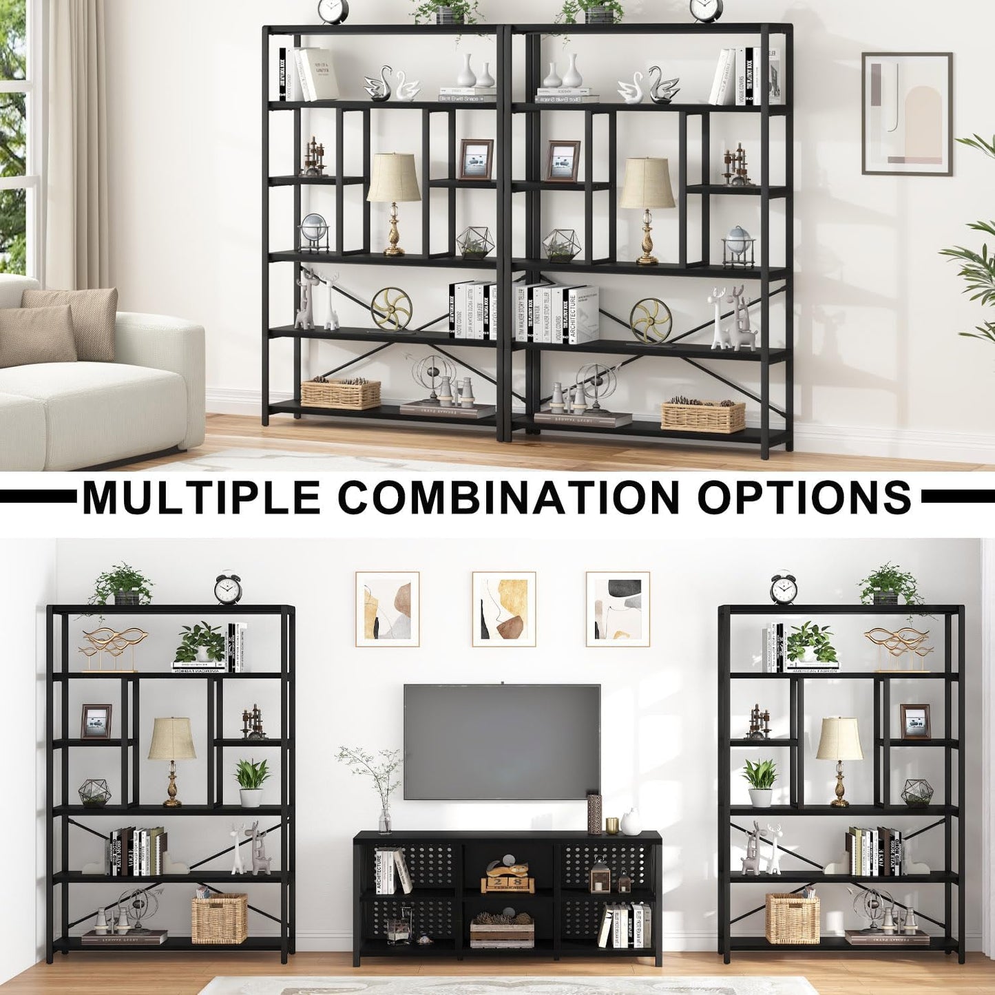 LVB 6 Tier Tall Black Bookshelf, Modern Large Wide Book Rack Storage, Industrial Wood Metal Etagere 6 Shelf Bookcase, Farmhouse Open Display Book Shelf Organizer for Bedroom Living Room Office, Black