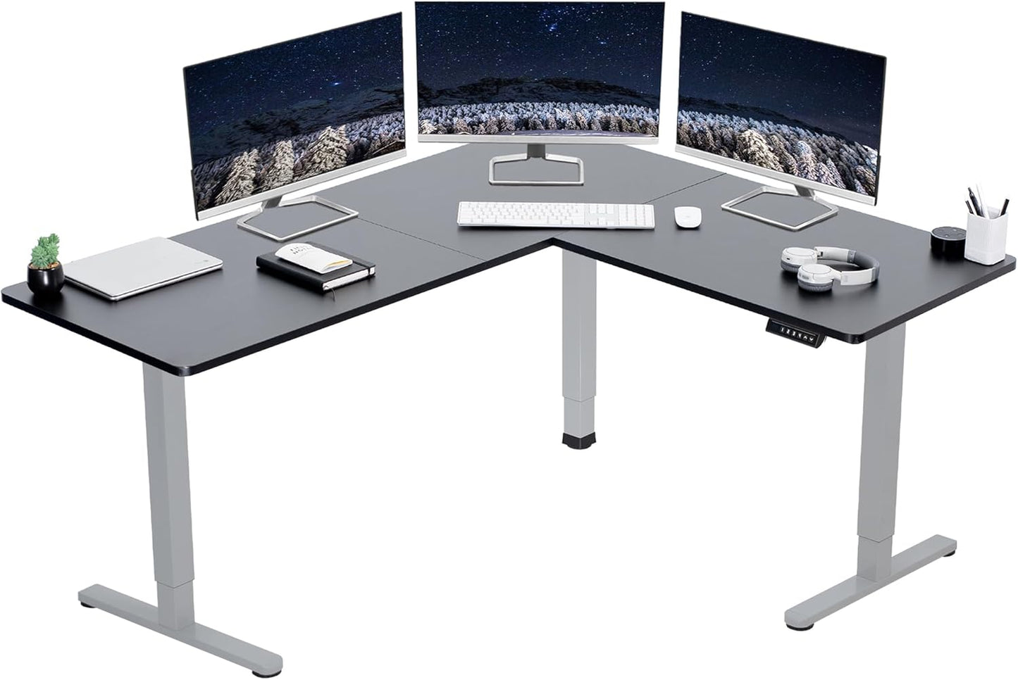 VIVO Electric Corner L-Shaped 63 x 55 in Standing Desk, Memory Height Adjustment, Black Top Gray Frame, DESK-E3CTGB