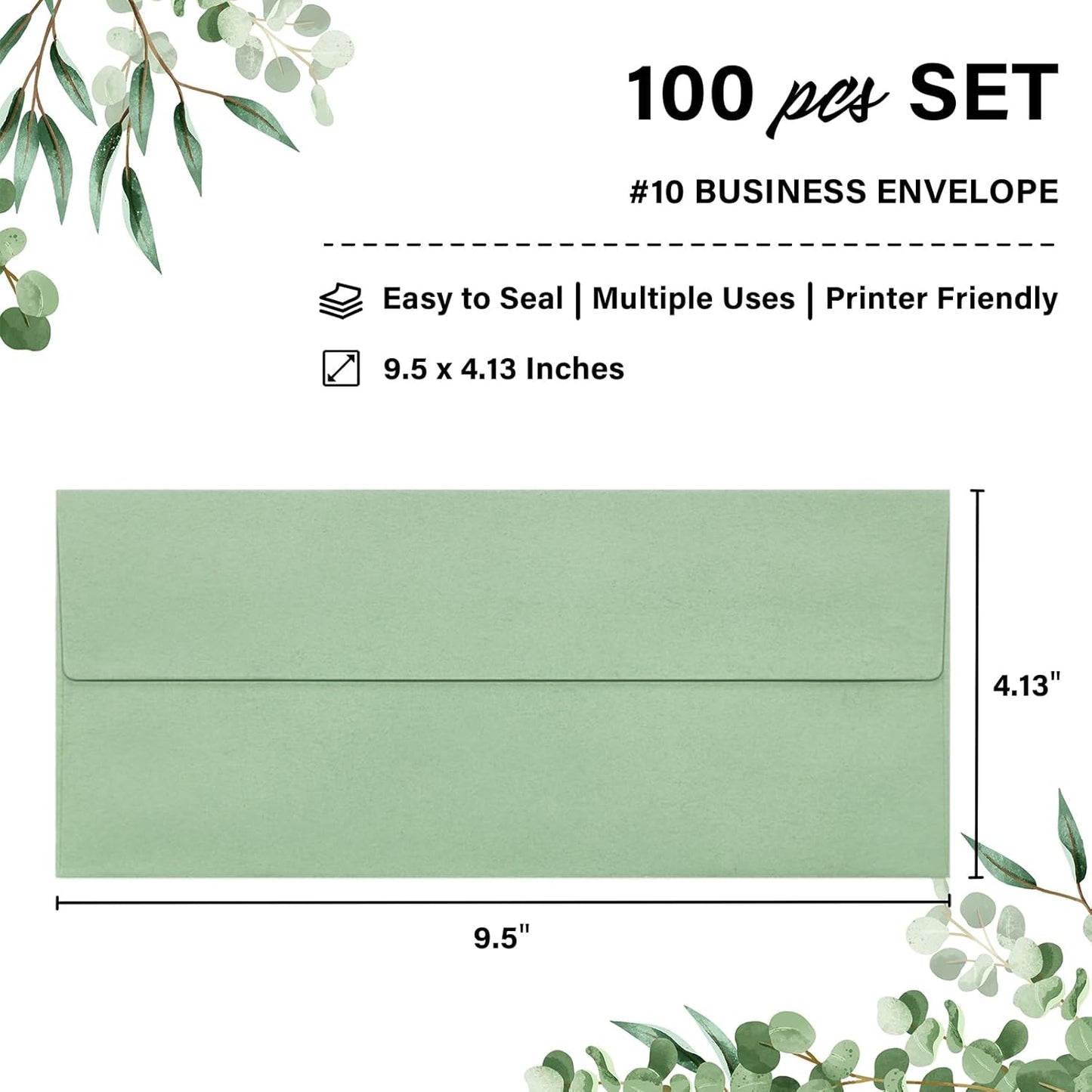 100 Pack #10 Business Envelopes, Self Seal Standard Sage Green Envelopes for Secure Business & Legal Mailing, Office, Checks, Letter, Invoices, 4 1/8 x 9 1/2 Inches