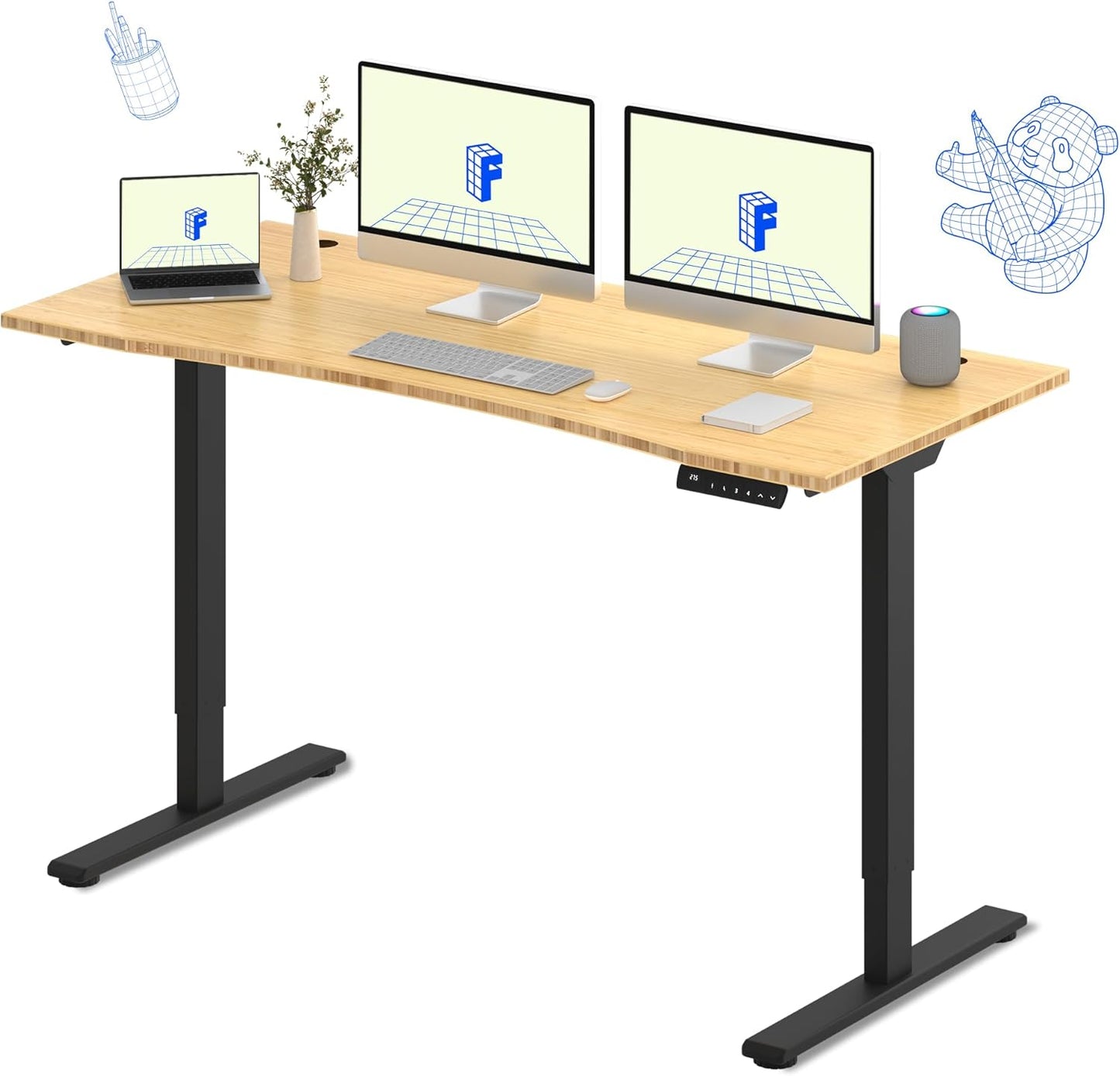 FLEXISPOT E3 Bamboo Dual Motor 72x30 Inch Electric Height Adjustable Standing Desk Whole-Piece Board Desk Sit Stand Up Desk (Black Frame + Bamboo Curved Desktop)