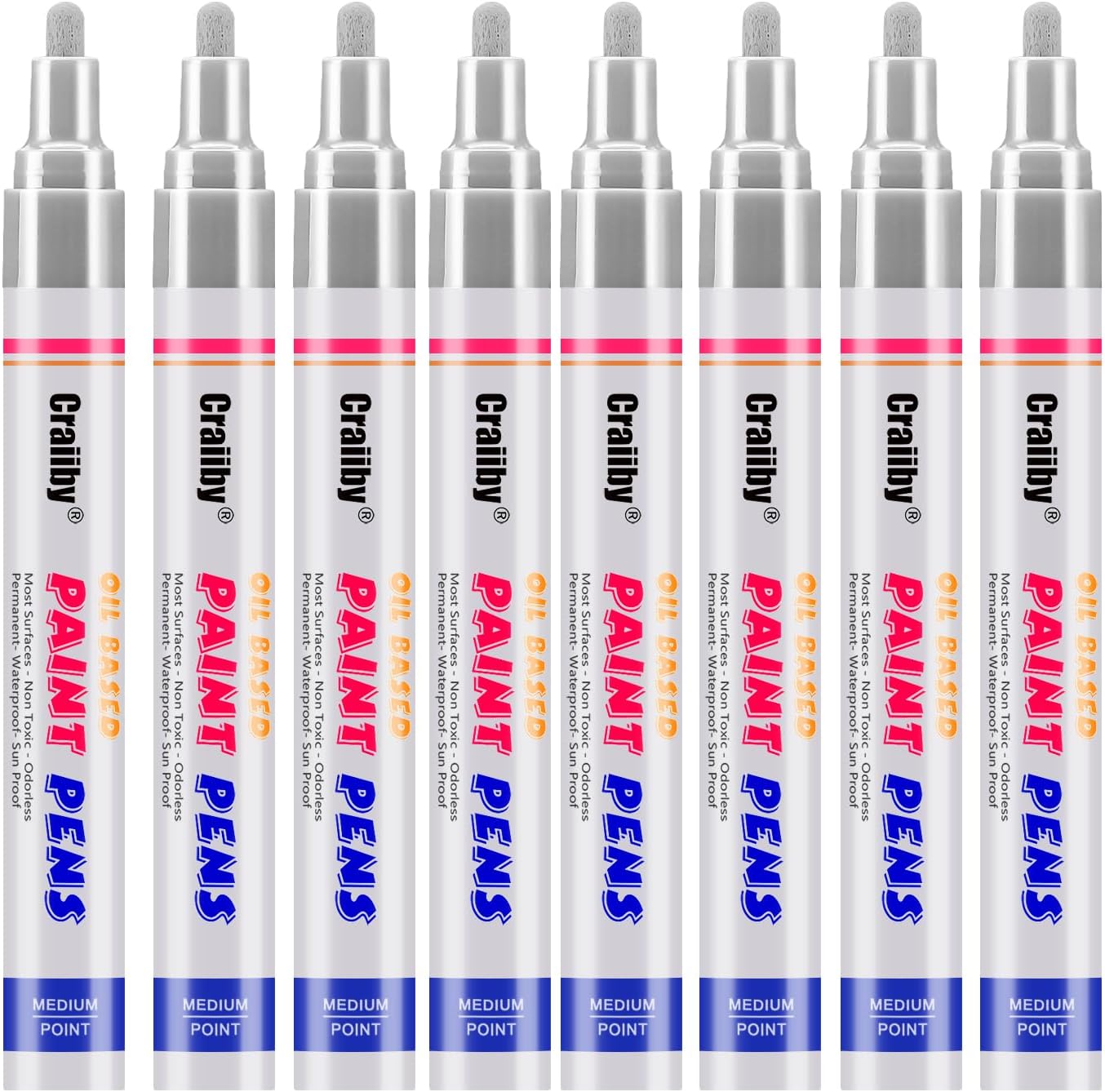 Silver Paint Markers, 8 Pack Oil-Based Waterproof Quick Dry Permanent Paint Pen Set for Rocks Painting, Wood, Fabric, Plastic, Canvas, Glass, Mugs, Metal, Tire, Stone, DIY Craft, Grey, Gray