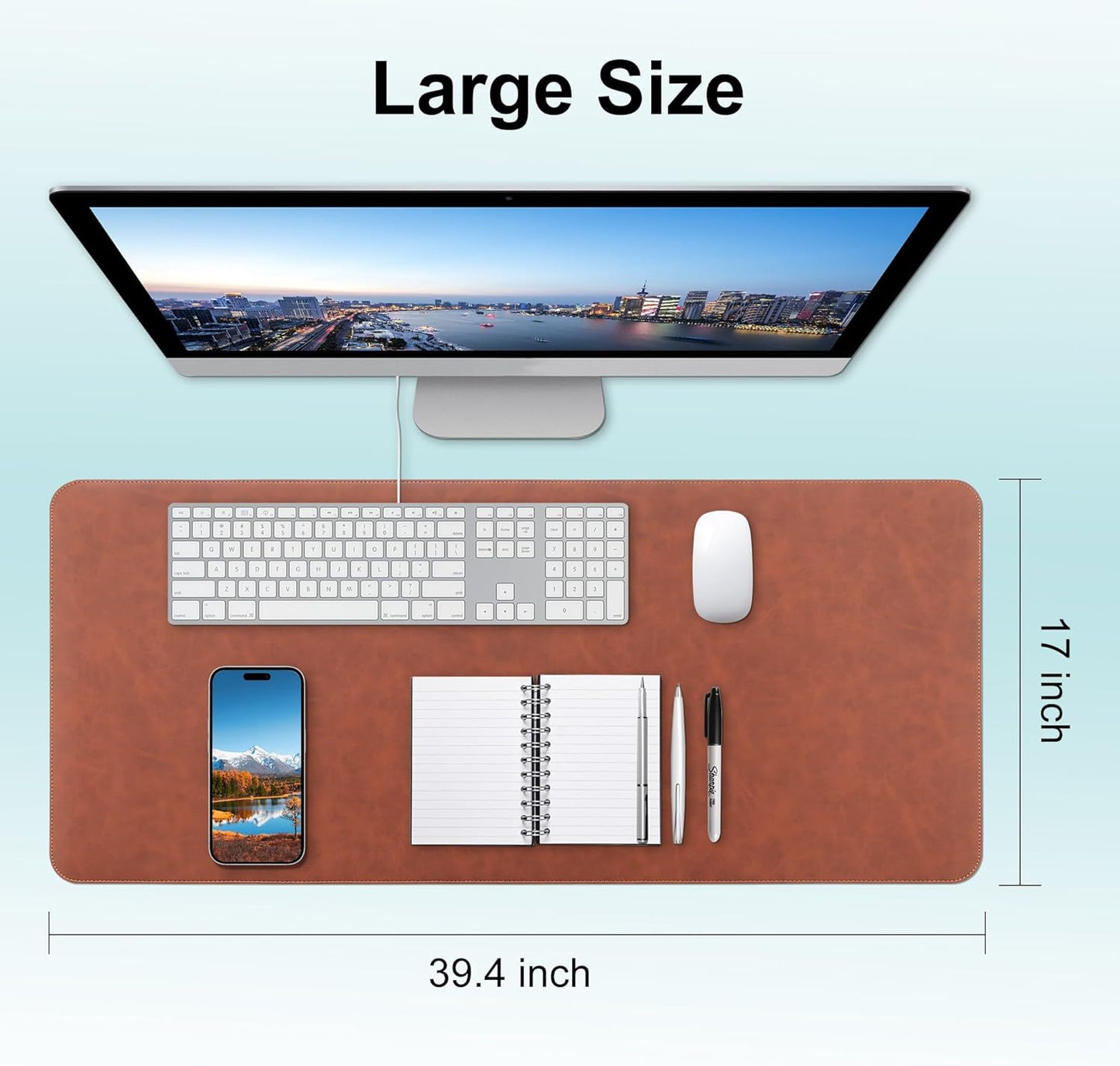 Leather Large Desk Pad Protector Non-Slip, Office Desk Mat, Computer Mouse Pad, Desk Blotter & Writing Pad, Keyboard Extended Mousepad with Stitched Edge for Desktop Laptop 39.4 x 17 inch (Brown)