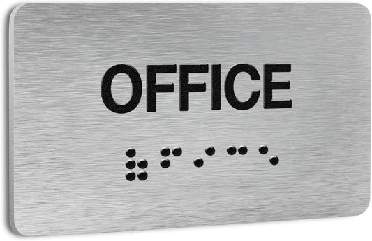 Office Signs for Business and Office, ADA Signs with Raised Text & Grade 2 Braille, Easy Installation with Adhesive Pad – Brushed Aluminum/Silver