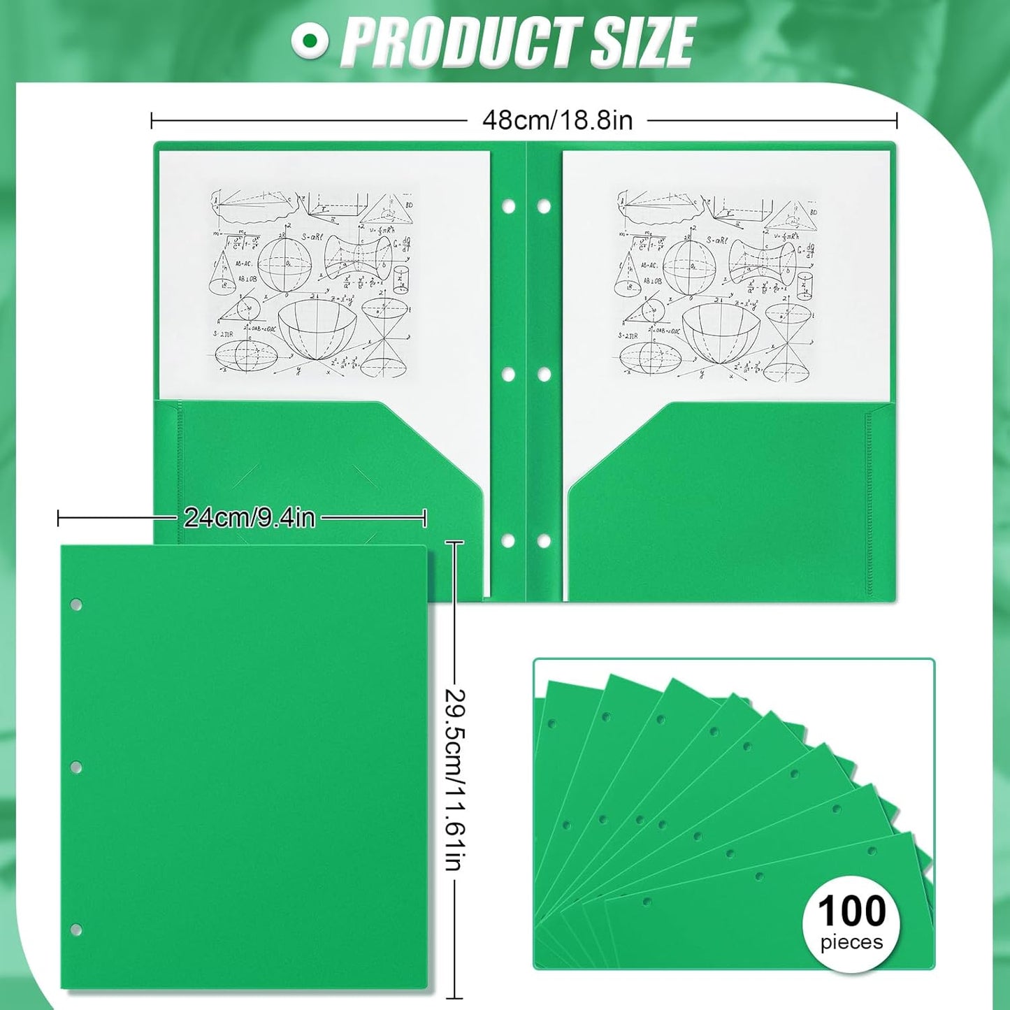Yeaqee 100 Pcs Plastic Folders with Pockets Bulk 3 Hole Punched 2 Pocket File Folders for 3 Ring Binder Divider Folder for Notebooks, Durable Poly for Office Home (Green)