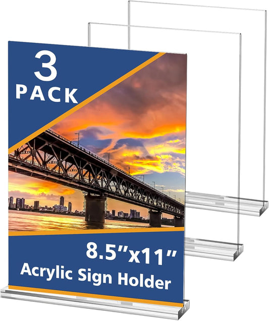 Acrylic Sign Holder,Clear Plastic Sign Holder8.5x11 inches Paper Card T Shape Double Sided Display Stand Picture Frame Desktop Menu Signs Office,Store, 3 Pack