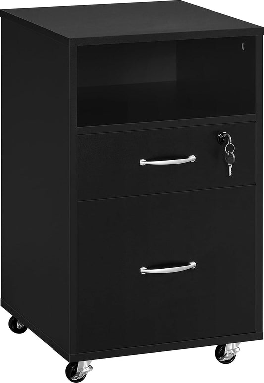 Yaheetech File Cabinet, Under Desk Vertical Cabinet with 2 Drawers and Open Compartment, Printer Stand with Lockable Wheels for A4 Letter Size Hangable File Folders for Home Office(Black)