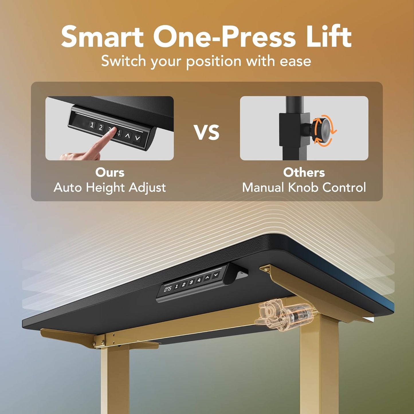 HUANUO 32" Small Electric Standing Desk Adjustable Height, 4 Memory Height Settings, Sit Stand Up Desk for Home Office & Computer Workstation, Black and Gold Frame