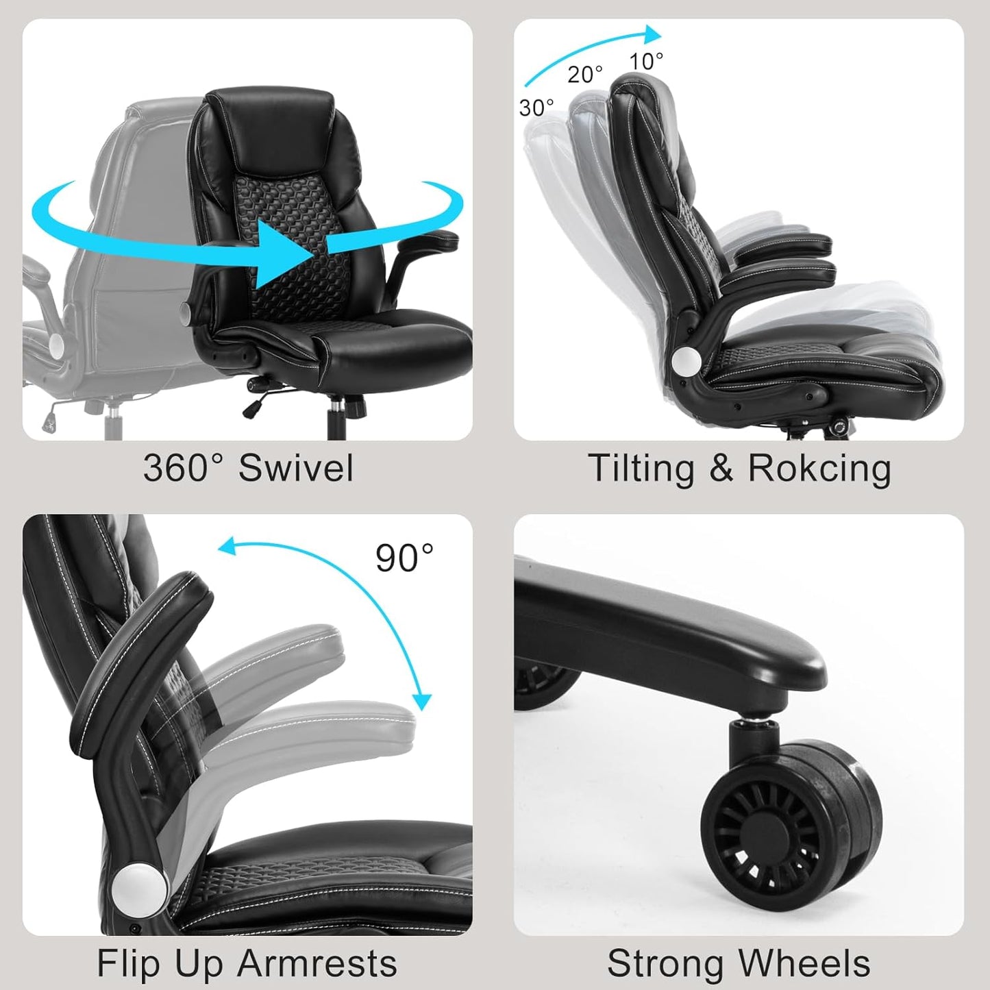 Home Office Chair, Executive Comeputer Desk Chair Ergonomic Office Chair with Adjustable Lumbar Support, Tilt Lock, PU Leather, Swivel Rolling Chair for Gaming Adult Working Study-Black