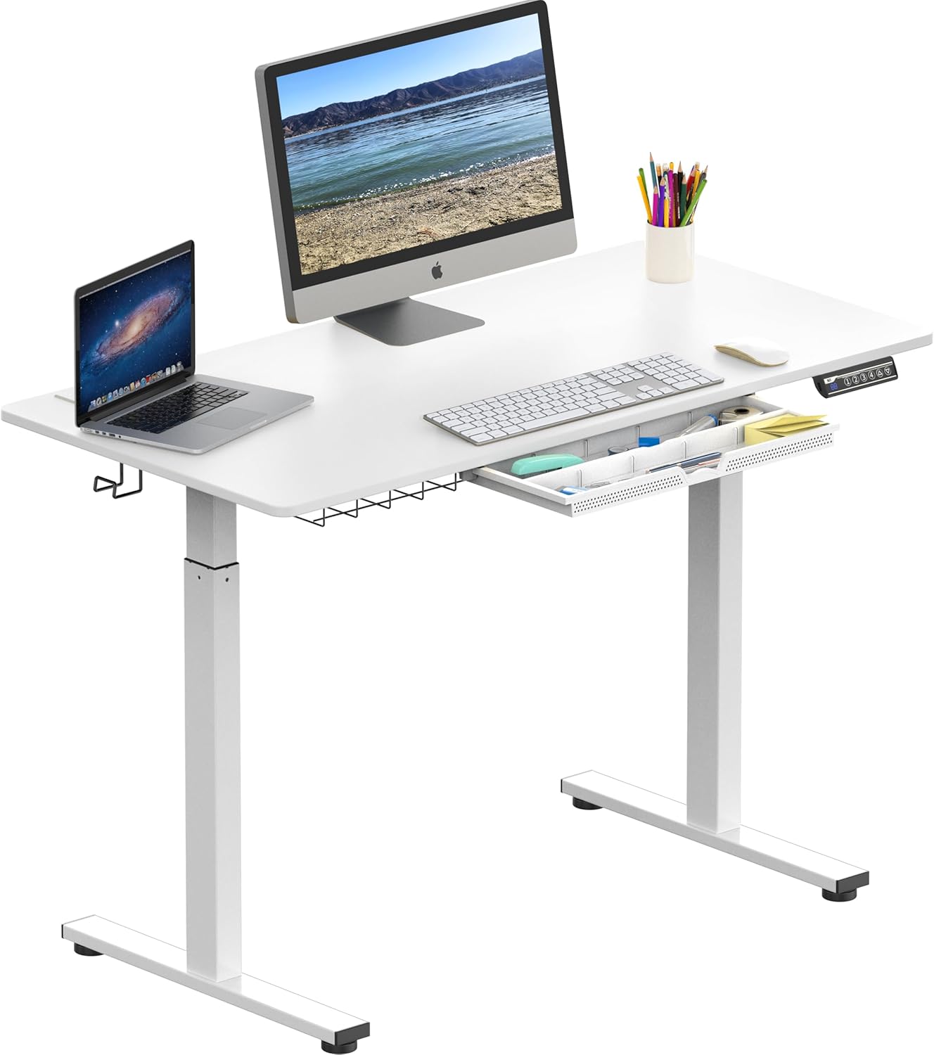 SHW 48-Inch Electric Height Adjustable Standing Desk with Drawer, Memory Preset and Cable Management Tray, White
