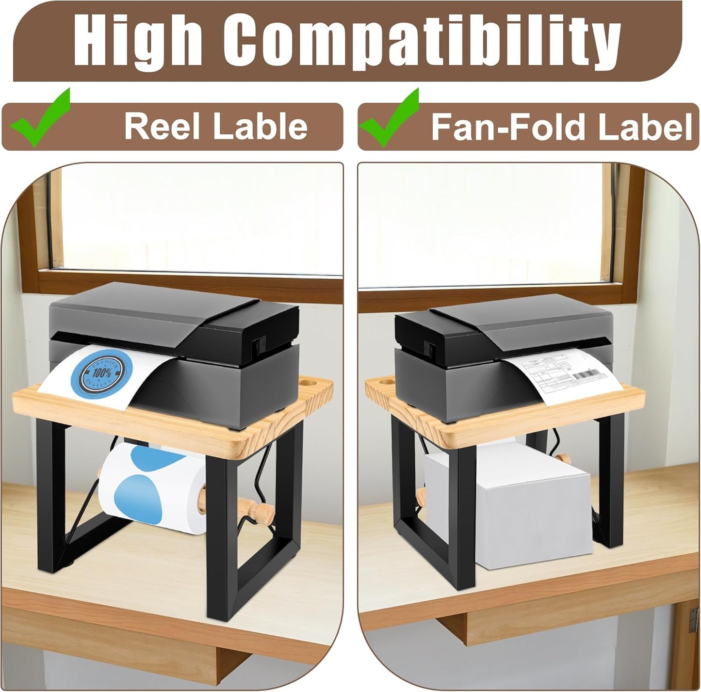Label Holder for Rolls and Fan-Fold Labels, Thermal Printers Desktop Label Dispenser Stand, Durable Wooden Label Holder Organizer for Home, Office, Warehouse