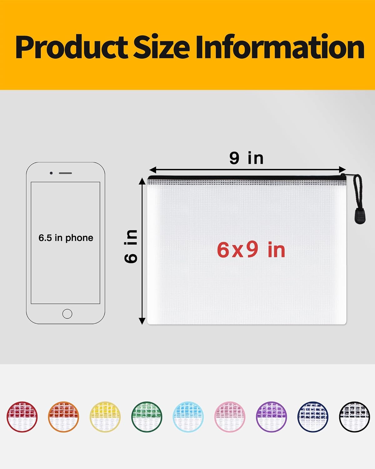 SUNEE Plastic Mesh Zipper Pouch 6x9 in (9 Colors, 18 Packs),Extra Large Water-Resistant Zip Bag for School Office Supplies, Puzzles & Games Organizing Storage