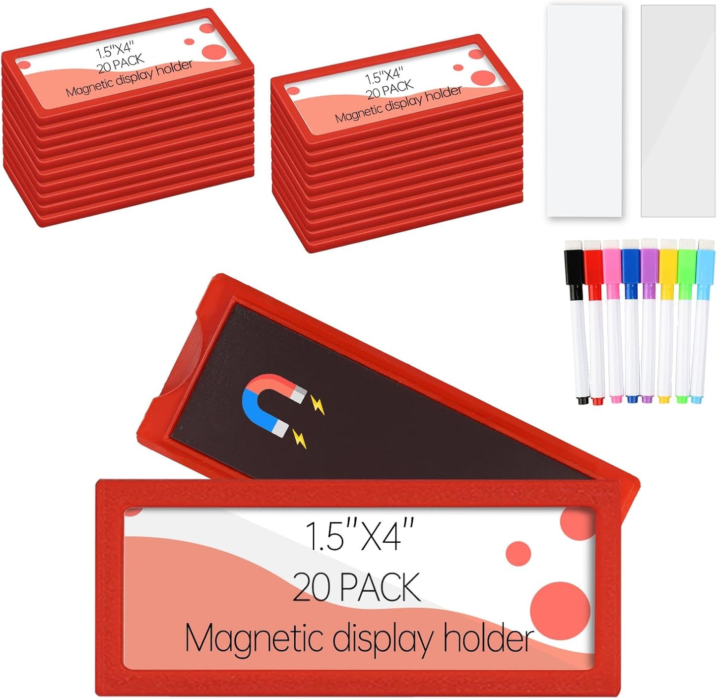 20Pcs Magnetic Plastic Label Holder 1.5x4 inch for Supermarket Store Price Tag Metal Shelf File Storage Cabinet Drawer Label Tag Resuable with 8 Color Chalk Makers, 20Pcs White Paper (Red)