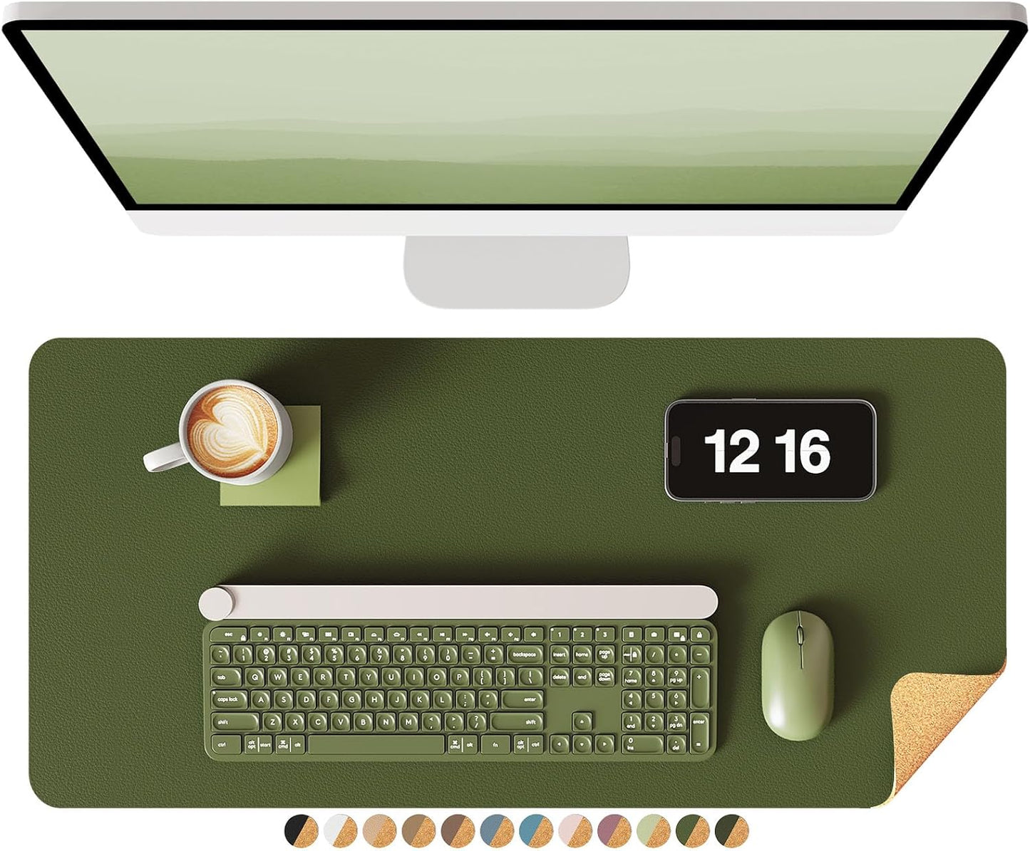 YSAGi Double-Sided Desk Mat, Eco Cork Desk Protector, Large Mouse Pad, Waterproof Blotter, Writing Pad for Office/Home (23.6"x13.7", Olive Green + Cork)