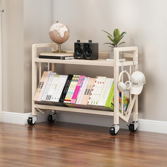 Bookshelf Movable Book Cart Multi-Layer Storage Rack Large-Capacity Rolling Cart L-Shaped Carbon Steel Shelf Suitable for Storing Books, Magazines, Newspapers, Shoes