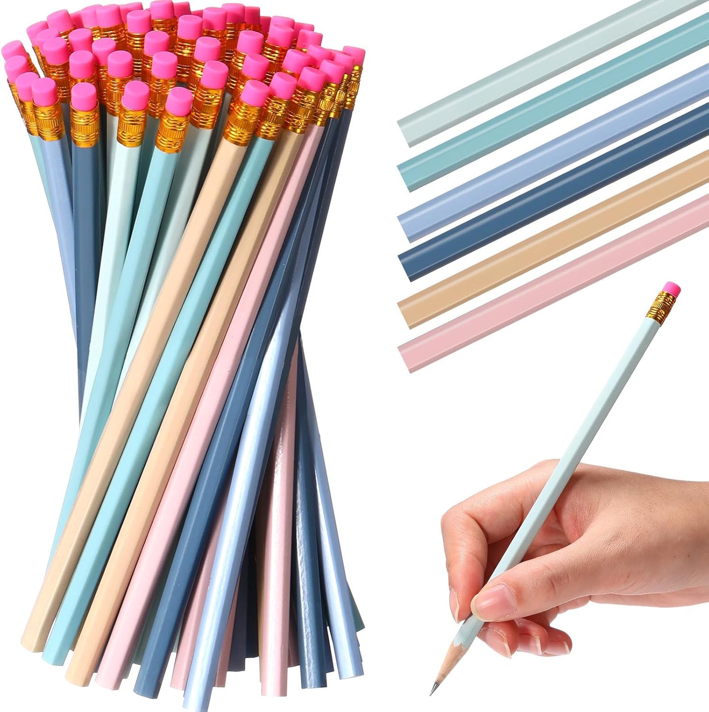 TecUnite 60 Pcs HB Pencils #2 Unsharpened Wood Cased Pencils with Eraser Hexagonal Pencil Cute Graphite No 2 Pen for Adults Gifts Exam School Office Sketching Learning(Morandi Colors, Gold)