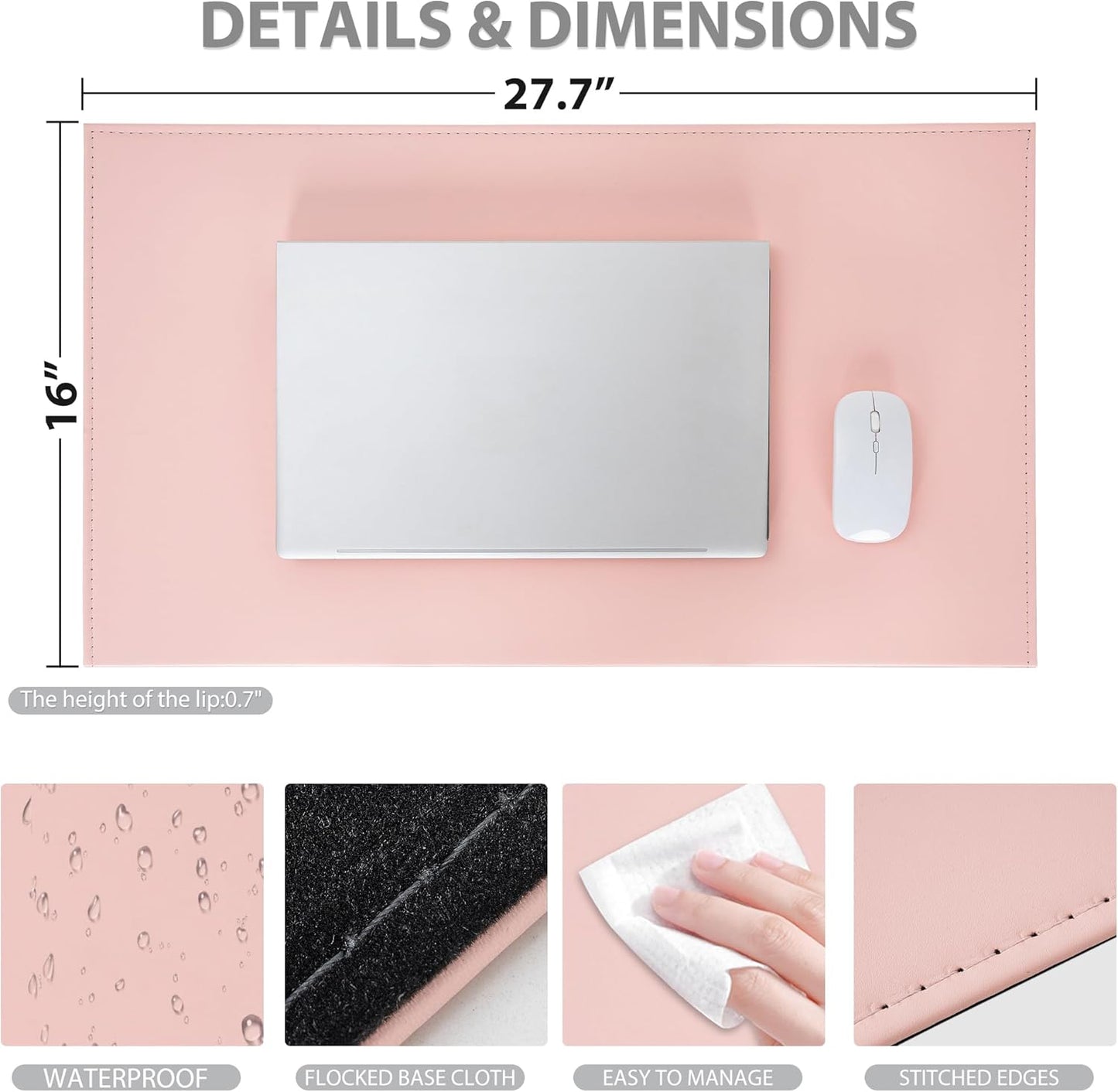 AKOZLIN 27.55”x 15.8" Soft PU Leather Surface Office Desk Mouse Mat Anti-Push Pad with Full Grip Fixation Lip Table Blotter Edge-Locked Protector Pink