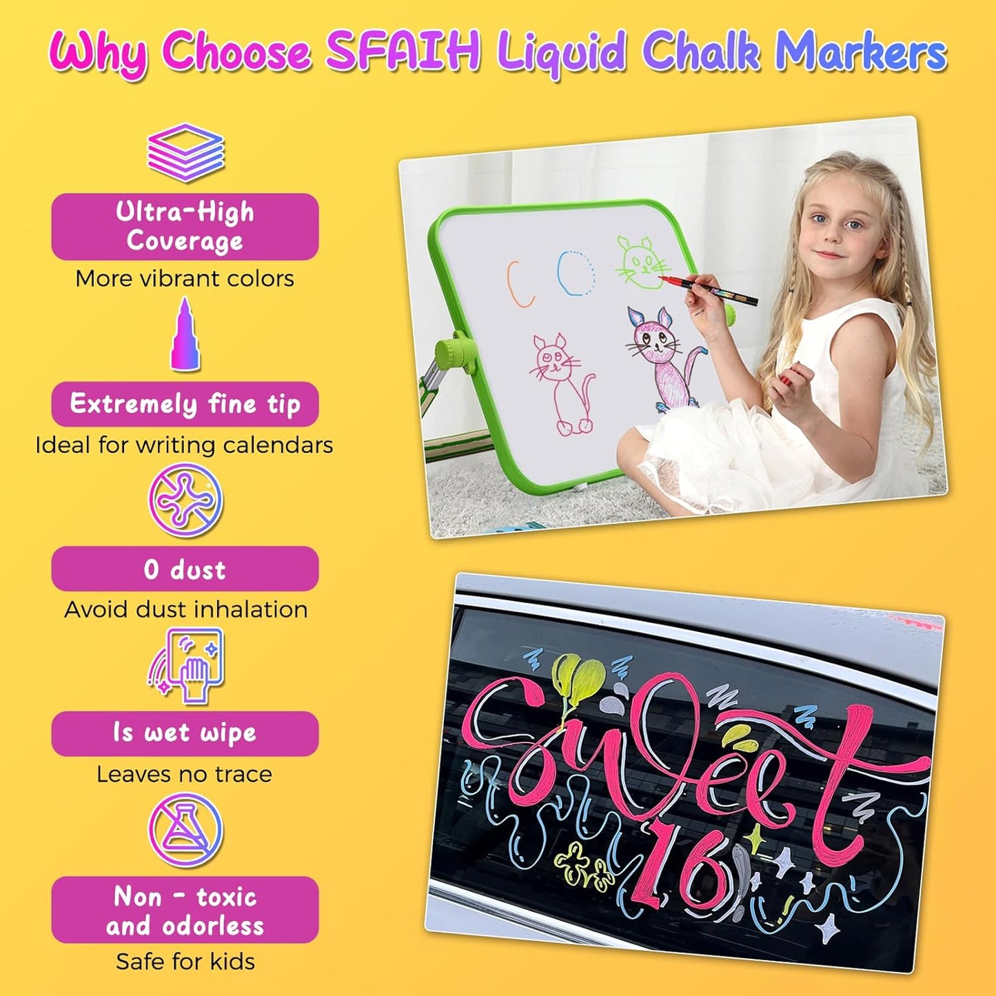 SFAIH Fine Tip Liquid Chalk Markers for Bhalkboard [1-Second Wet Wipe], 0.7-1mm 24 Colors [Neon+Pastel+Metallic], Chalk Pens for Chalkboard, Calendar, Windows, Glass, Includes Highlighter Color Marker