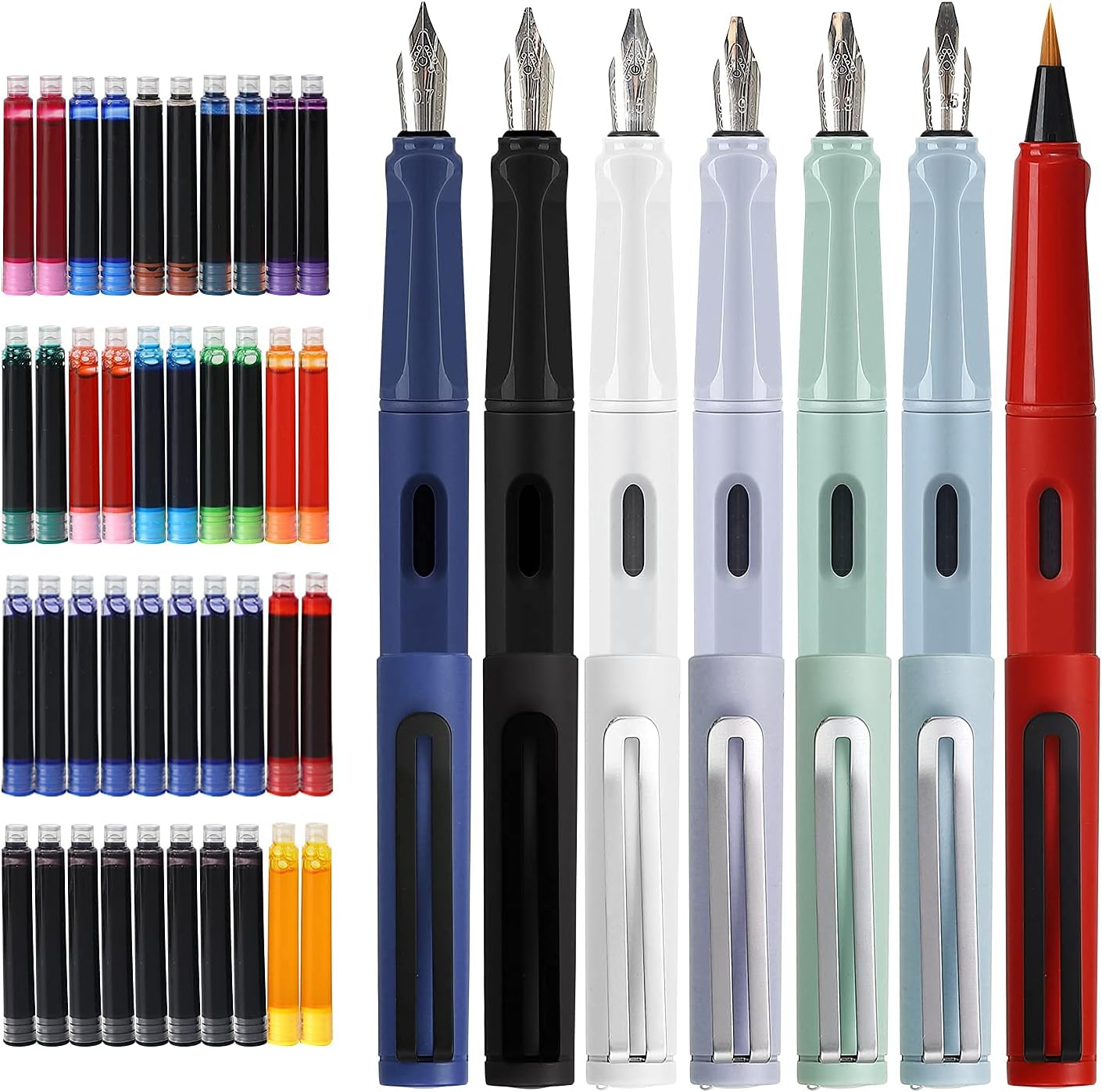 GC QUILL Calligraphy Fountain Pen Set- 7 with Different Nibs and 40 Ink Cartridges for Beginners- MU-09