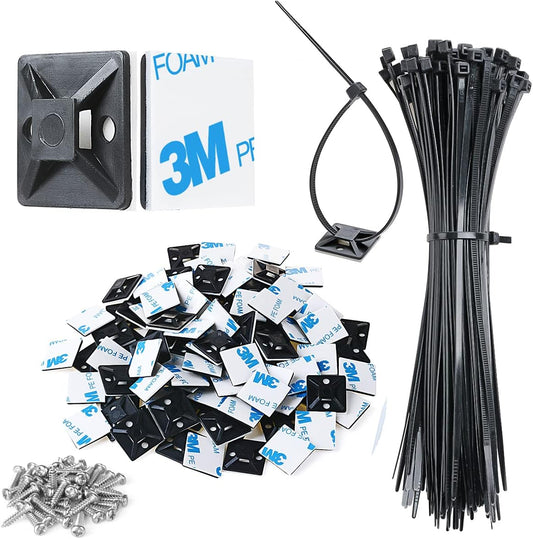 XHF 3/4" Strong Back-Glue Self Adhesive Black Cable Zip Tie Mounts 100pcs with 8" Zip Ties, Screws, UV Protection Outdoor Sticky Wire Fasteners Cable Clips Management Anchors Organizer Holders Squares