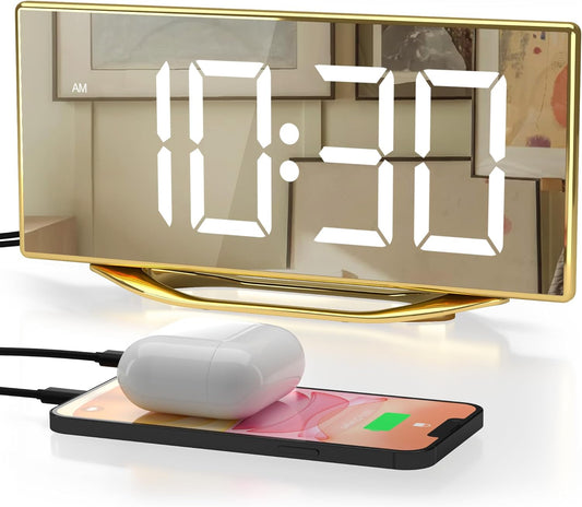 Digital Alarm Clock for Bedrooms, Slim LED Desk Clock with Gold Mirror Finish, 7 Levels Brightness, Dual USB Ports, Snooze, 12/24H, 8.7" Large Display Modern Bedside Clock for Home Office Decor