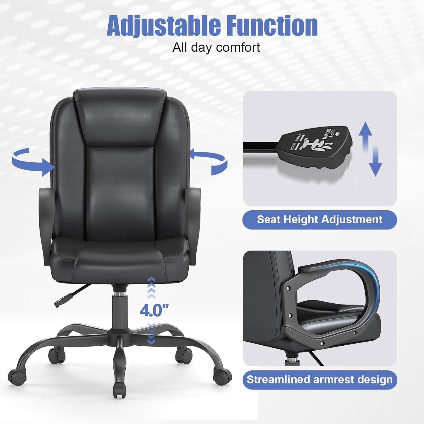 ZZH Executive Office Chair, Leather Desk Computer Chair with Armrests, Mid-Back Swivel Adjustable for Home Office, 2PC, Black