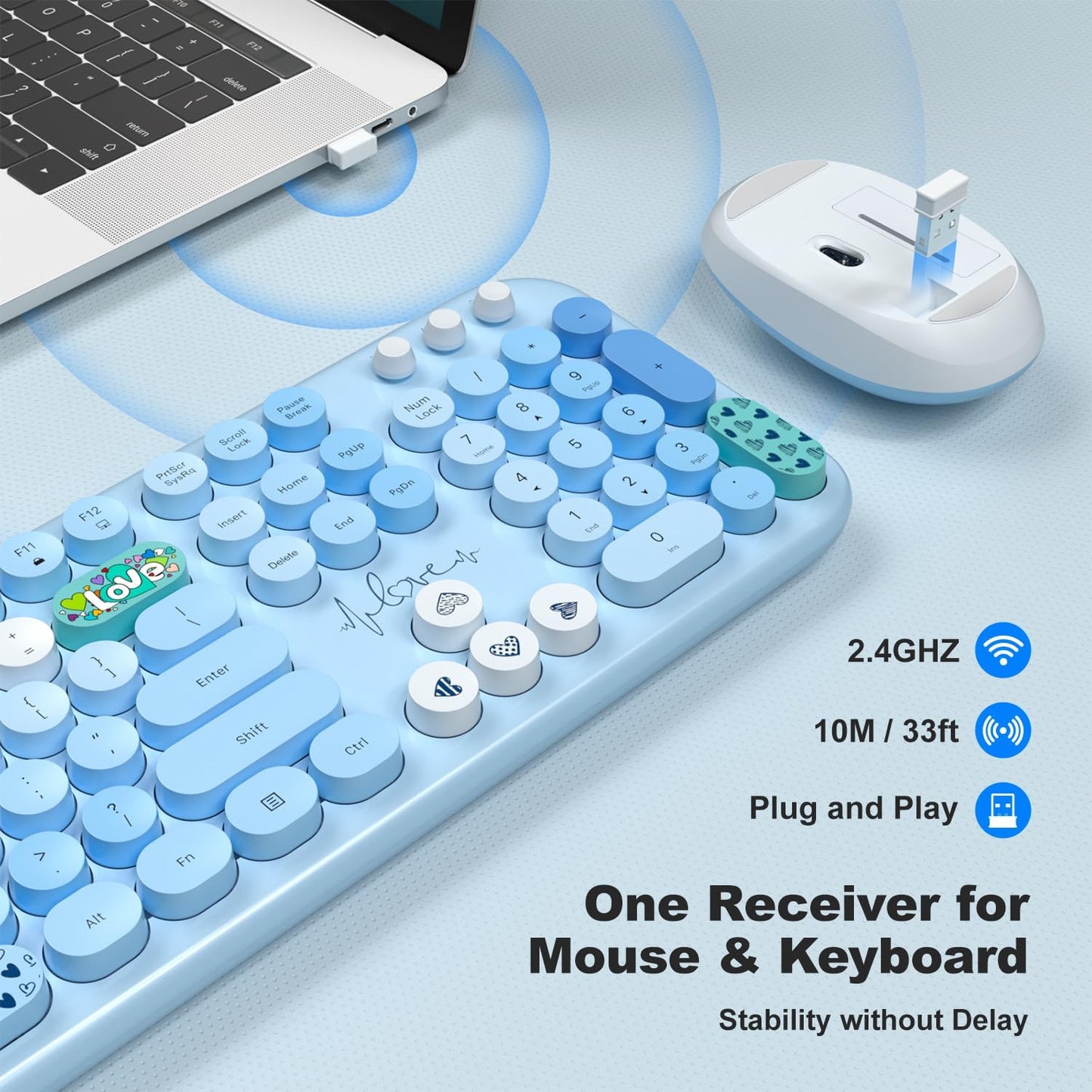 MOFII Wireless Keyboard and Mouse Combo, Full Size 2.4G Plug and Play Typewriter Retro Round Computer Keyboard and Mouse Set for Windows, Computer, Desktop, PC, Notebook - (Blue Colorful)