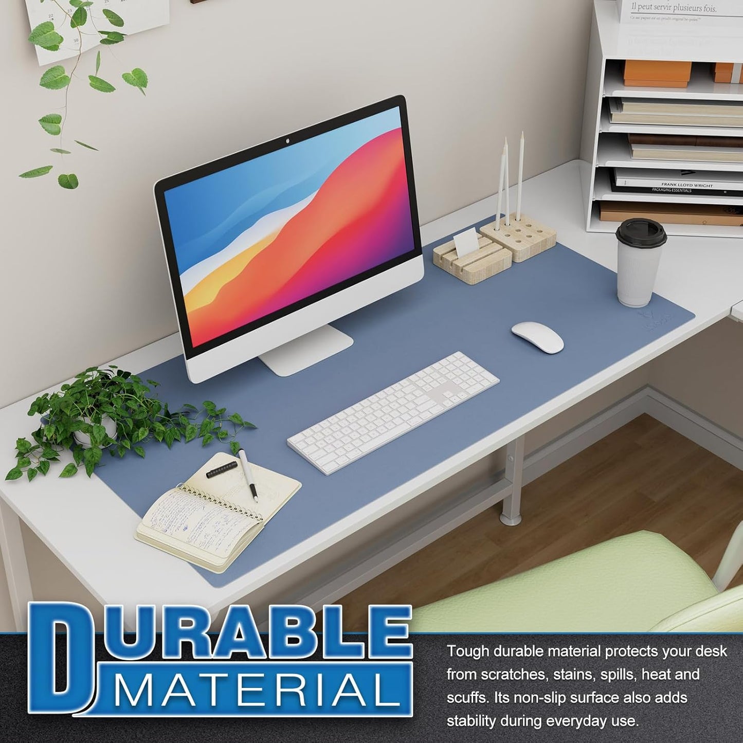 K KNODEL Large Office Leather Desk Mat, Mouse and Keyboard Pad, Computer and Laptop Mat, Desktop Protector and Cover, Writing Pad and Blotter (35.4"x17", Lake Blue)