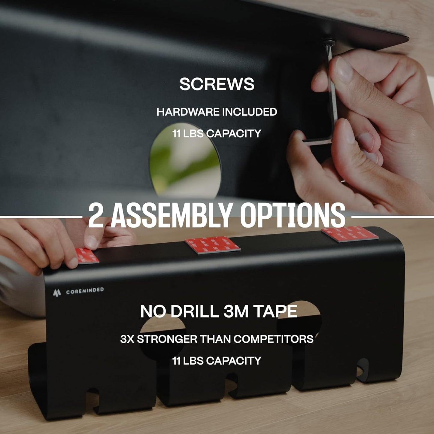 No-Drill Under Desk Cable Management Tray - 2-Pack Wire & Cord Organizer - Standing Desk Cable Management - Power Strip Holder - M