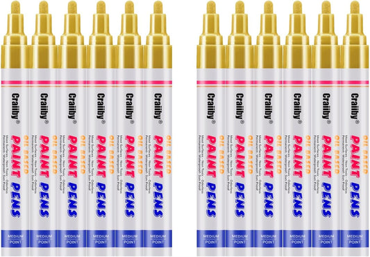 Paint Markers, 12 Pack Oil-Based Waterproof Quick Dry Permanent Paint Pen Set for Rocks Painting, Wood, Fabric, Plastic, Canvas, Glass, Mugs, Metal, Tire, Stone, DIY Craft (Gold)
