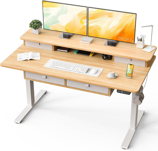 Standing Desk with Fast Charging USB Ports, 55" x 30" Height Adjustable Home Office & Gaming Desk, Sit Stand Desk with Built-in Storage Shelf, Hook & Ergonomic Design(Maple)