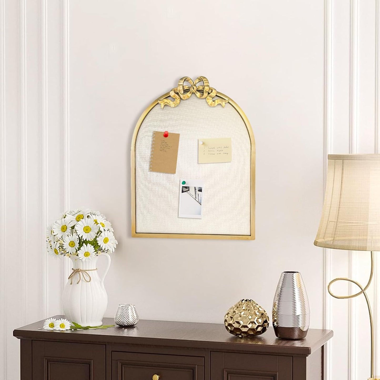 Vintage Arched Linen Cork Board with Gold Bowknot – Decorative Bulletin Board for Walls, Iron Frame Pin Board for Notes, Photos & Reminders, Elegant Vision Board for Home & Office 16"x21"