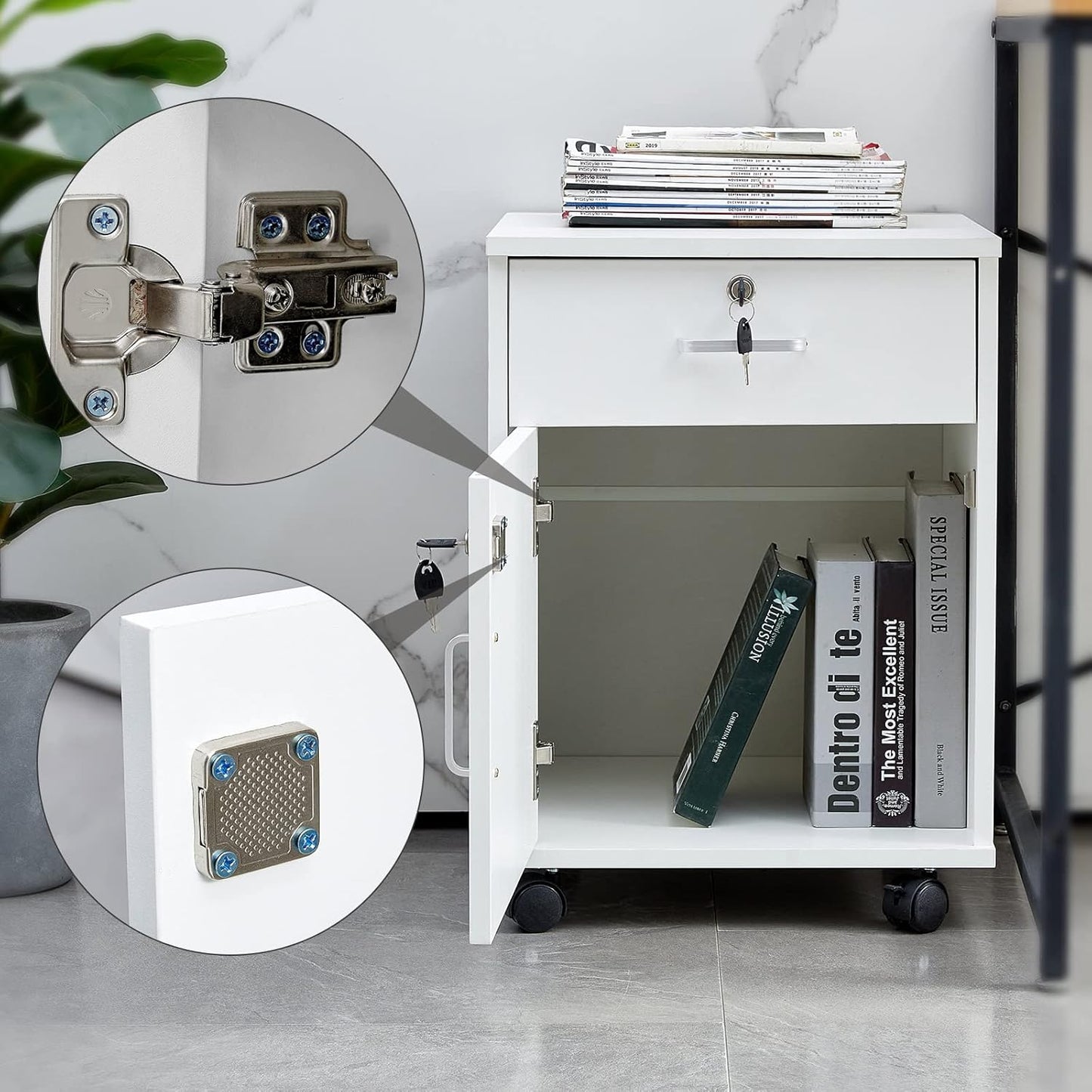 CLIPOP Rolling Storage Cabinet with Drawer, Home Office Cabinet with Lock, Under Desk Storage Cabinet for Home Office (White)